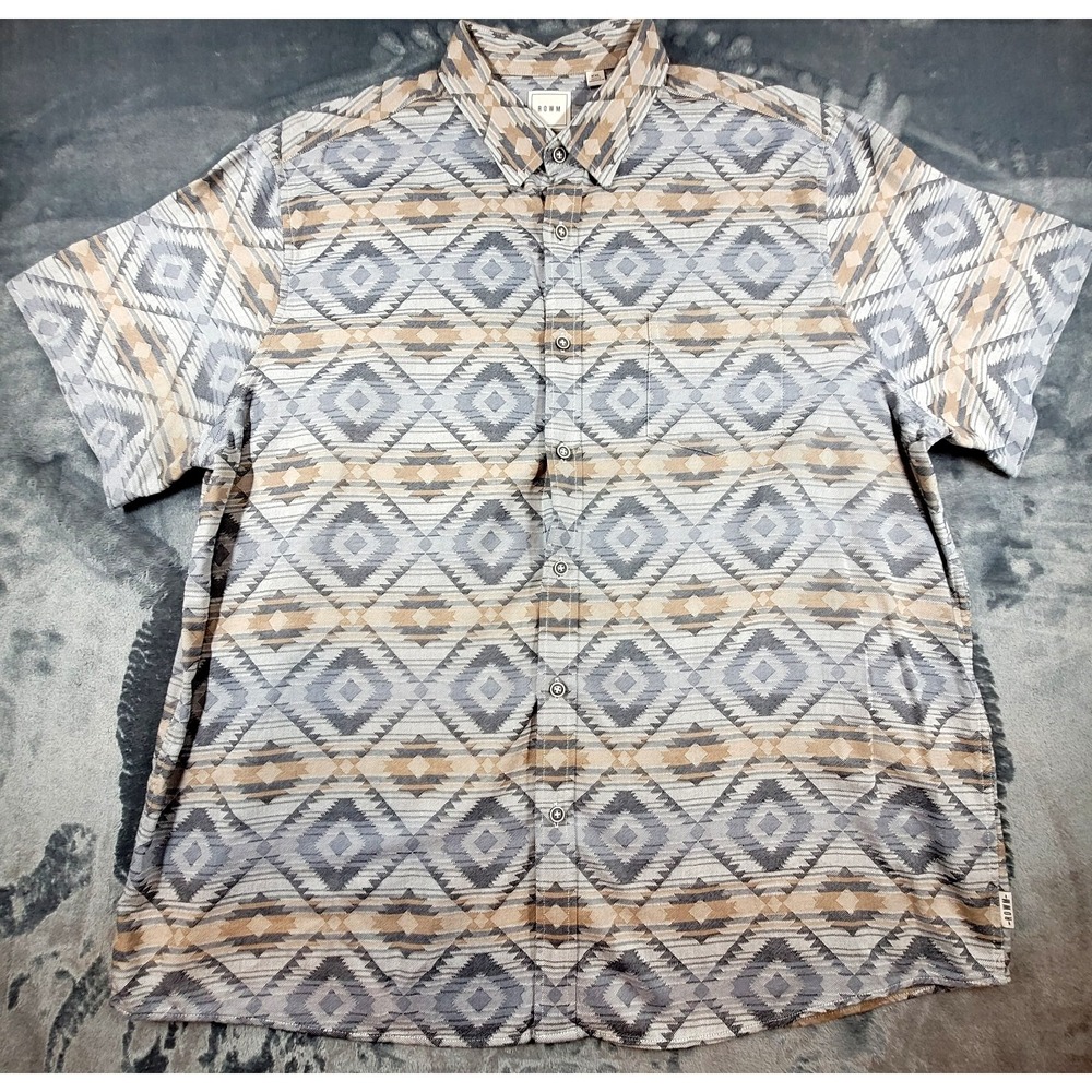 ROWM Men's Button-Up Shirt w/ Pocket Gray Aztec Pattern 100% Cotton Size XXL